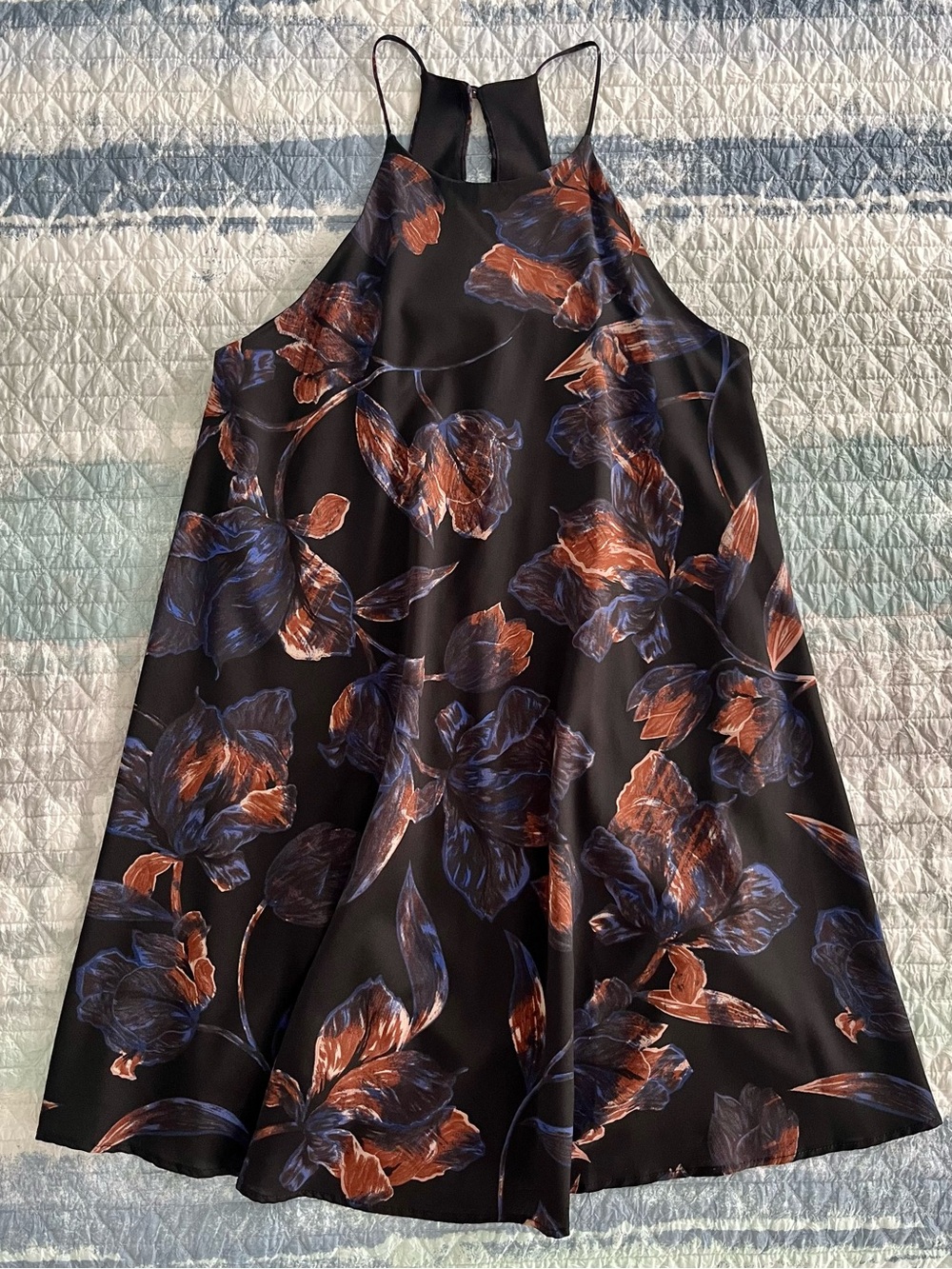 EVERLY Black Halter Dress with Blue and Rust Floral Print 10072